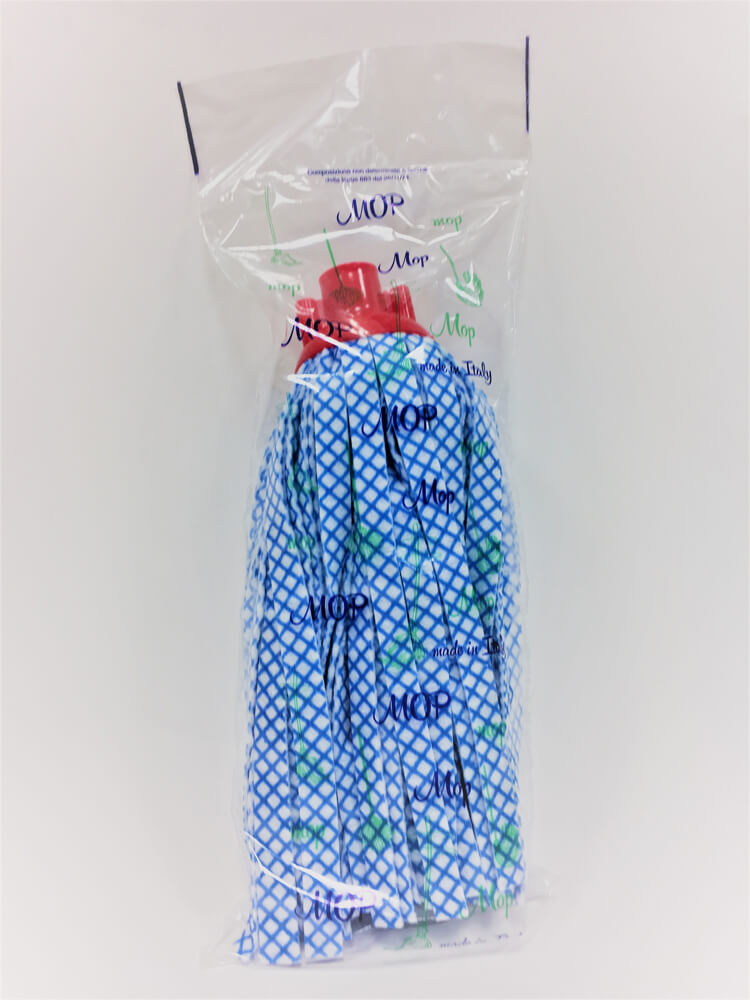 Mop sintetico 50 strisce 25 cm. tessuto bianco stampato a rombi blu